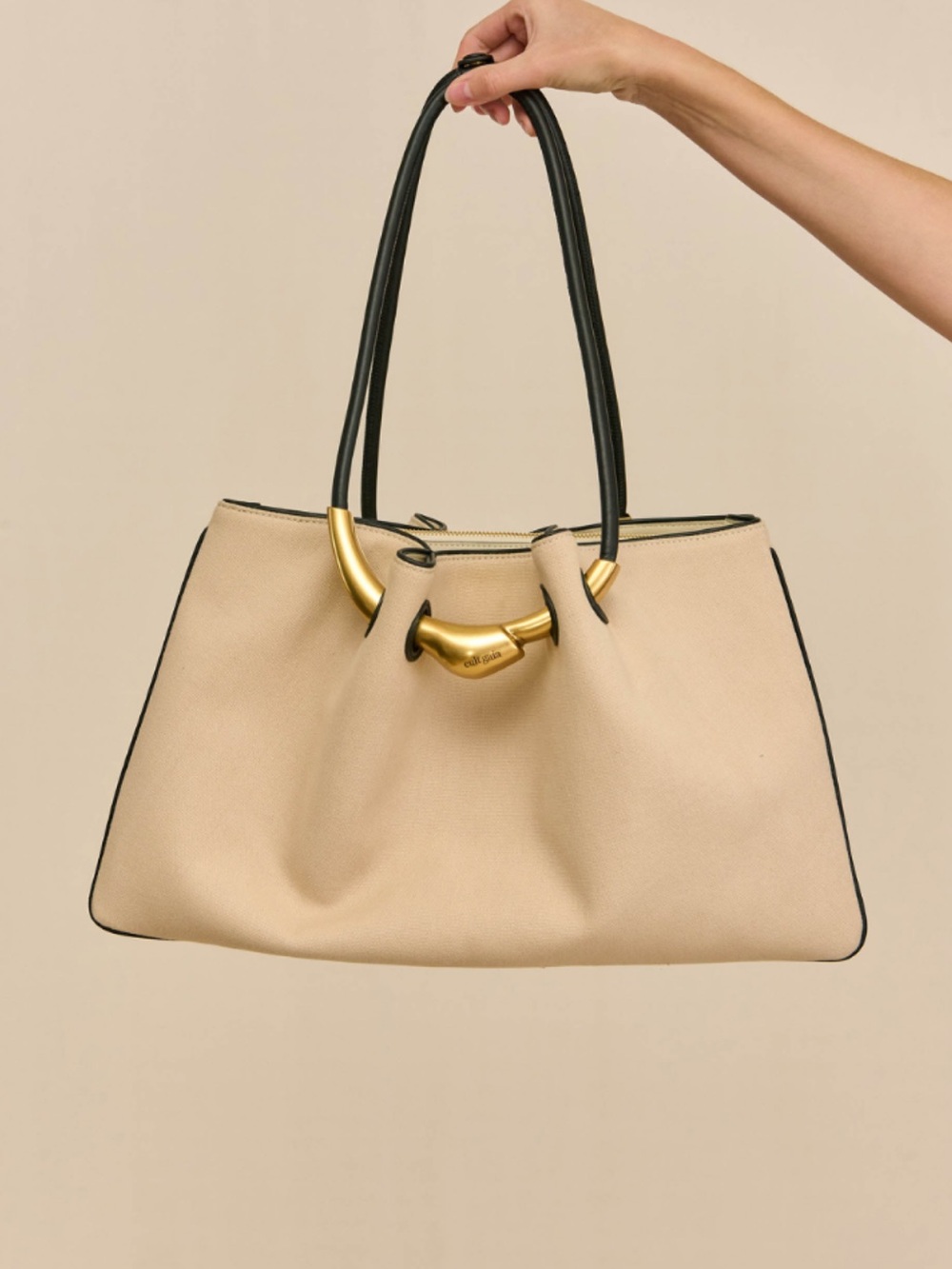 Cult Gaia Asa Satchel Tote Gold-Tone Handle Accent on Cream Fabric NWT